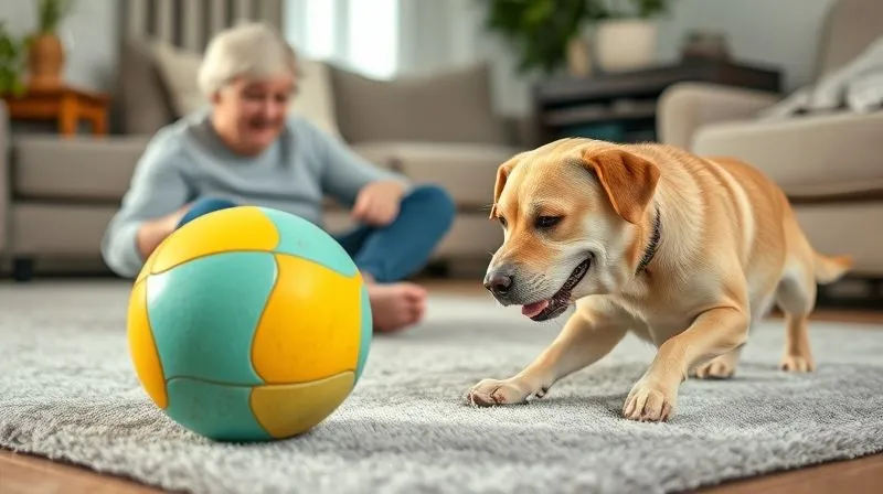 A photorealistic image showing a gentle interaction between an elderly person and an elderly dog. The person is sitting on the floor, softly rolling a large, soft, brightly colored ball towards the dog, who is slowly moving towards it. The dog has slightly clouded eyes but a happy expression. The setting is a cozy living room with soft lighting, and there are no obstacles in the play area. Sharp focus on the interaction, with a warm, inviting atmosphere, 8K hyper-detailed, professional photography, shot on a high-end DSLR. A photorealistic image showing a gentle interaction between an elderly person and an elderly dog. The person is sitting on the floor, softly rolling a large, soft, brightly colored ball towards the dog, who is slowly moving towards it. The dog has slightly clouded eyes but a happy expression. The setting is a cozy living room with soft lighting, and there are no obstacles in the play area. Sharp focus on the interaction, with a warm, inviting atmosphere, 8K hyper-detailed, professional photography, shot on a high-end DSLR.