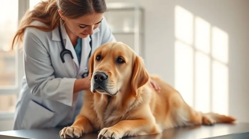 A photorealistic image of a compassionate female veterinarian gently examining an elderly Golden Retriever on an examination table. The dog appears calm and comfortable. The vet is wearing a clean white lab coat, and the clinic setting is bright and professional. Soft, natural light fills the room, creating a reassuring atmosphere. Sharp focus on the vet and dog, with a subtle depth of field blurring the background, 8K hyper-detailed, professional photography, shot on a high-end DSLR. A photorealistic image of a compassionate female veterinarian gently examining an elderly Golden Retriever on an examination table. The dog appears calm and comfortable. The vet is wearing a clean white lab coat, and the clinic setting is bright and professional. Soft, natural light fills the room, creating a reassuring atmosphere. Sharp focus on the vet and dog, with a subtle depth of field blurring the background, 8K hyper-detailed, professional photography, shot on a high-end DSLR.