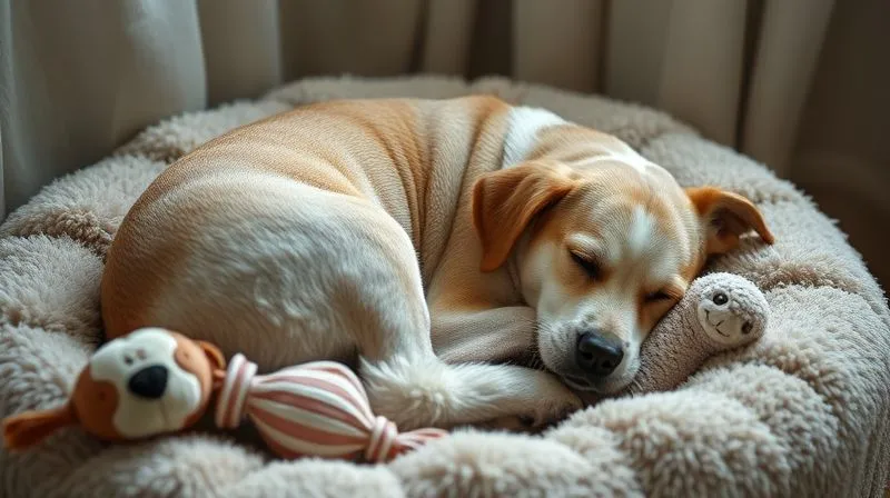 A photorealistic image of an elderly dog, possibly a mixed breed, curled up peacefully on a soft, fluffy bed, surrounded by a few well-chosen, safe senior dog toys. The dog looks content and at peace, with soft, diffused cinematic lighting creating a serene atmosphere. Sharp focus on the dog and its immediate surroundings, with a gentle depth of field, conveying a sense of comfort and well-being in its golden years. 8K hyper-detailed, professional photography, shot on a high-end DSLR. A photorealistic image of an elderly dog, possibly a mixed breed, curled up peacefully on a soft, fluffy bed, surrounded by a few well-chosen, safe senior dog toys. The dog looks content and at peace, with soft, diffused cinematic lighting creating a serene atmosphere. Sharp focus on the dog and its immediate surroundings, with a gentle depth of field, conveying a sense of comfort and well-being in its golden years. 8K hyper-detailed, professional photography, shot on a high-end DSLR.