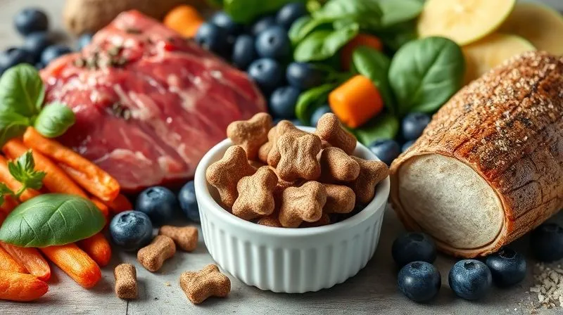 A photorealistic, professional photography, 8K, cinematic lighting, sharp focus, depth of field, shot on a high-end DSLR, image of various colorful, healthy ingredients like lean meat, fish oil capsules, blueberries, and spinach artfully arranged around a small bowl of functional dog treats, symbolizing the nutritional pillars against muscle loss in senior dogs.