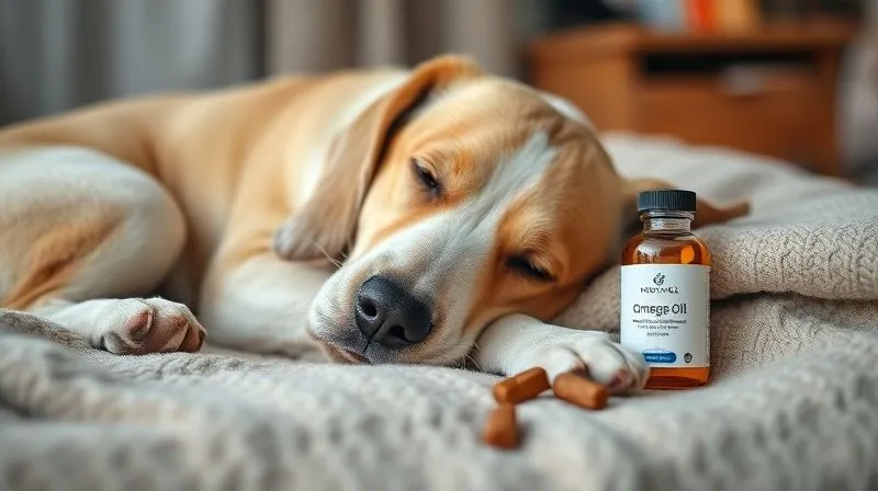 A photorealistic, professional photography, 8K, cinematic lighting, sharp focus, depth of field, shot on a high-end DSLR, image of a senior dog comfortably resting on a soft blanket, looking peaceful and content, with a small bottle of fish oil and a few omega-3 enriched functional treats subtly placed beside it, emphasizing the calming and anti-inflammatory benefits.