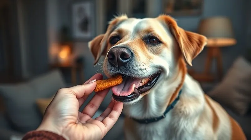 A photorealistic, professional photograph of a senior dog happily taking a functional treat from its owner's hand, with a blurred background of a cozy living room, cinematic lighting. Shot on a high-end DSLR, 8K hyper-detailed.
