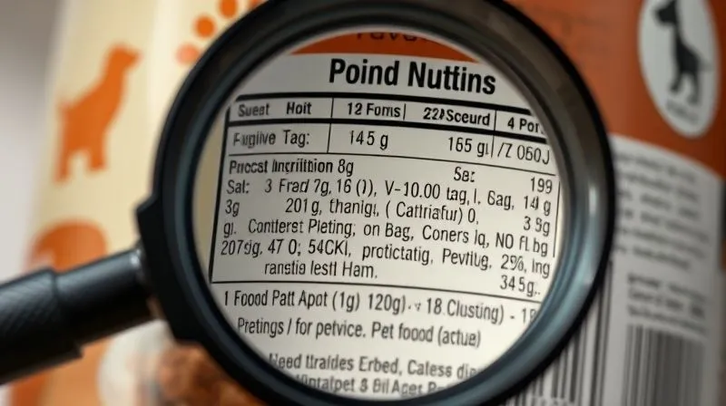 A photorealistic close-up of a pet food label with clear nutritional information and ingredient list, with a magnifying glass over it, emphasizing transparency and detailed information. Cinematic lighting, sharp focus, 8K hyper-detailed.