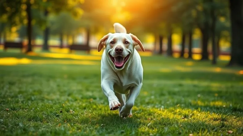 A photorealistic image of a happy senior Labrador Retriever running gracefully in a park, with soft sunlight and green grass, conveying vitality and freedom from pain. Cinematic lighting, sharp focus, 8K hyper-detailed.