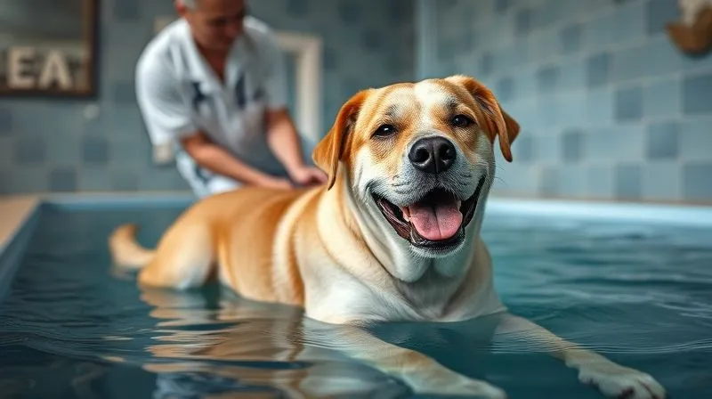 A photorealistic image of a senior dog receiving gentle physical therapy in a calm, professional veterinary rehabilitation center, possibly on an underwater treadmill or with a therapist doing stretches. Cinematic lighting, sharp focus, 8K hyper-detailed.