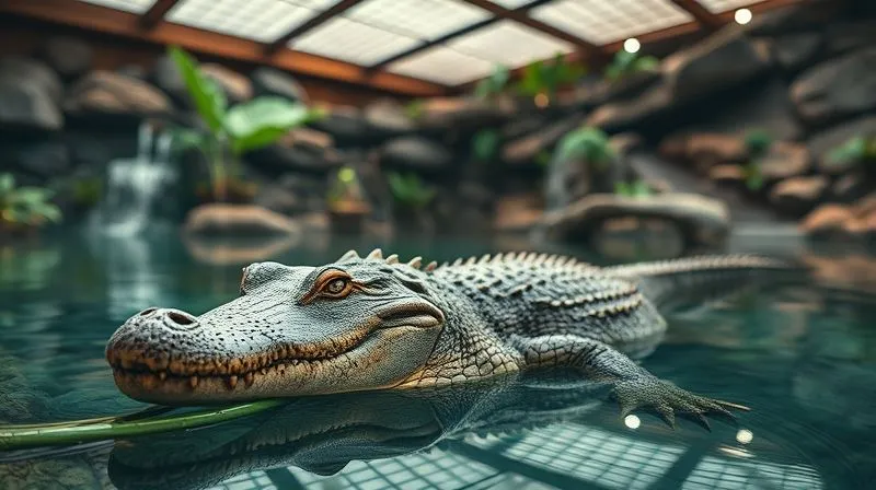 A photorealistic image of an elderly alligator basking in a meticulously maintained, spacious enclosure with optimal lighting and water features, conveying a sense of calm and well-being. Cinematic lighting, sharp focus, depth of field, 8K hyper-detailed, shot on a high-end DSLR. A photorealistic image of an elderly alligator basking in a meticulously maintained, spacious enclosure with optimal lighting and water features, conveying a sense of calm and well-being. Cinematic lighting, sharp focus, depth of field, 8K hyper-detailed, shot on a high-end DSLR.