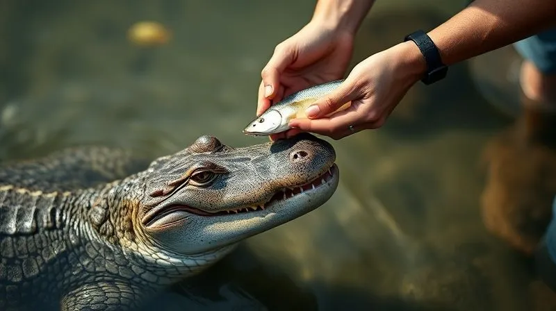 A photorealistic, professional photography shot of a veterinarian gently offering a small, prepared fish to an elderly alligator in a shallow, clean water environment, emphasizing careful and respectful interaction. Cinematic lighting, sharp focus on the interaction, depth of field, 8K hyper-detailed, shot on a high-end DSLR. A photorealistic, professional photography shot of a veterinarian gently offering a small, prepared fish to an elderly alligator in a shallow, clean water environment, emphasizing careful and respectful interaction. Cinematic lighting, sharp focus on the interaction, depth of field, 8K hyper-detailed, shot on a high-end DSLR.
