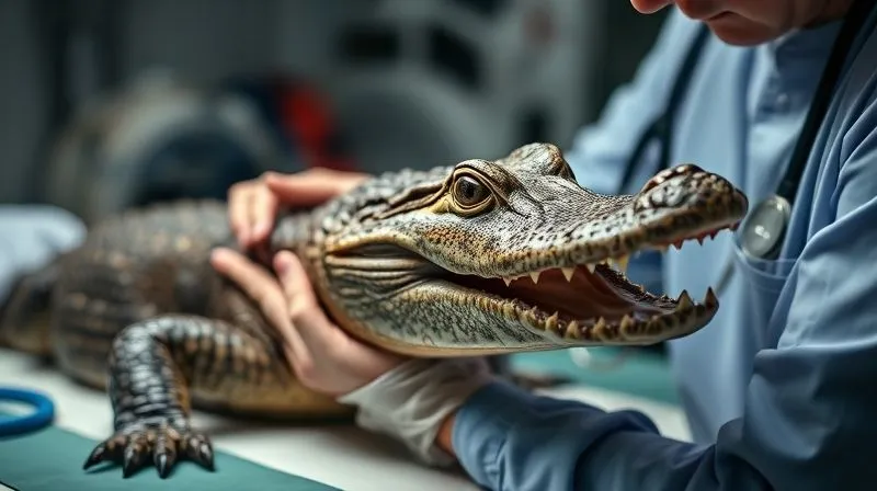 A photorealistic, professional photography shot of a veterinarian examining an elderly alligator, with specialized equipment visible in the background, conveying a sense of thorough and expert veterinary care. Cinematic lighting, sharp focus on the alligator and vet's hands, depth of field, 8K hyper-detailed, shot on a high-end DSLR. A photorealistic, professional photography shot of a veterinarian examining an elderly alligator, with specialized equipment visible in the background, conveying a sense of thorough and expert veterinary care. Cinematic lighting, sharp focus on the alligator and vet's hands, depth of field, 8K hyper-detailed, shot on a high-end DSLR.
