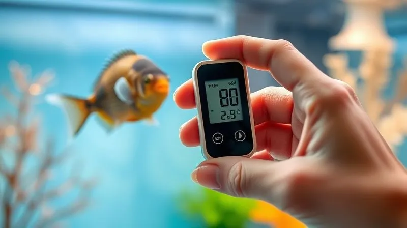 A photorealistic image of a hand gently holding a digital aquarium thermometer, displaying a stable temperature. In the background, a senior fish gracefully swims in a well-maintained, calm aquarium, with soft, warm lighting. Sharp focus on the thermometer and fish, depth of field blurring the surrounding aquatic environment. Professional photography, 8K, shot on a high-end DSLR.