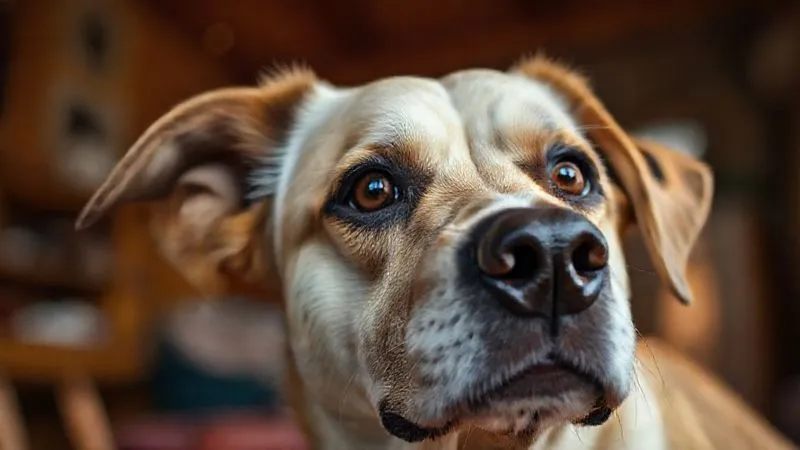 photorealistic, professional photography, 8K, cinematic lighting, sharp focus, depth of field, shot on a high-end DSLR, a close-up of a senior dog's face with a slightly confused but gentle expression, soft natural light illuminating its eyes, conveying the challenges of canine cognitive dysfunction. The background is a warm, blurred indoor setting. No cartoon, illustration, text, or logos. photorealistic, professional photography, 8K, cinematic lighting, sharp focus, depth of field, shot on a high-end DSLR, a close-up of a senior dog's face with a slightly confused but gentle expression, soft natural light illuminating its eyes, conveying the challenges of canine cognitive dysfunction. The background is a warm, blurred indoor setting. No cartoon, illustration, text, or logos.