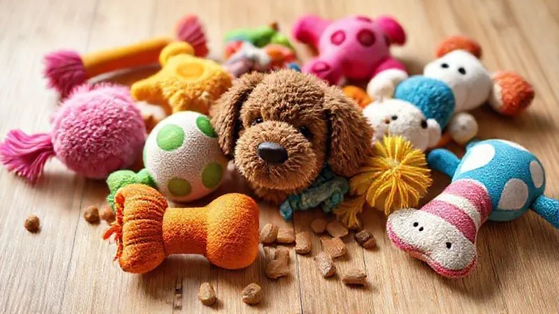 photorealistic, professional photography, 8K, cinematic lighting, sharp focus, depth of field, shot on a high-end DSLR, a variety of colorful, soft, and textured interactive dog toys laid out on a clean wooden surface, with small, healthy dog treats scattered around them. The focus is on the different materials and designs, emphasizing safety and sensory appeal. No cartoon, illustration, text, or logos. photorealistic, professional photography, 8K, cinematic lighting, sharp focus, depth of field, shot on a high-end DSLR, a variety of colorful, soft, and textured interactive dog toys laid out on a clean wooden surface, with small, healthy dog treats scattered around them. The focus is on the different materials and designs, emphasizing safety and sensory appeal. No cartoon, illustration, text, or logos.