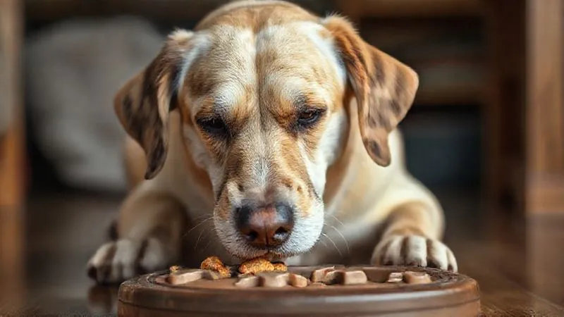 photorealistic, professional photography, 8K, cinematic lighting, sharp focus, depth of field, shot on a high-end DSLR, a senior dog gently nudging a puzzle feeder with its nose, revealing a treat. The dog's expression is one of calm focus and mild satisfaction. The scene is well-lit and warm, highlighting the interaction between the dog and the toy. No cartoon, illustration, text, or logos. photorealistic, professional photography, 8K, cinematic lighting, sharp focus, depth of field, shot on a high-end DSLR, a senior dog gently nudging a puzzle feeder with its nose, revealing a treat. The dog's expression is one of calm focus and mild satisfaction. The scene is well-lit and warm, highlighting the interaction between the dog and the toy. No cartoon, illustration, text, or logos.