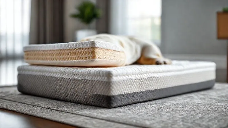 Photorealistic, professional photography, 8K, cinematic lighting, sharp focus, depth of field, shot on a high-end DSLR of a cross-section of an orthopedic dog bed, showing distinct layers of high-density memory foam and a supportive base foam, with intricate texture visible, emphasizing quality and engineering, clean and modern aesthetic.