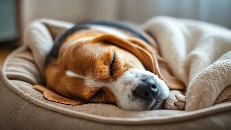 Photorealistic, professional photography, 8K, cinematic lighting, sharp focus, depth of field, shot on a high-end DSLR of an elderly dog, a Beagle, calmly and comfortably resting on an orthopedic dog bed, its eyes closed in peaceful sleep, surrounded by a soft, warm blanket, capturing a moment of deep tranquility and relief.