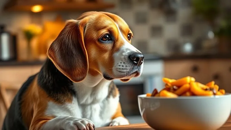 A photorealistic, professional photography of a senior dog (beagle mix) looking thoughtfully at a bowl of healthy, fresh food, with a blurry background of a home kitchen. The light is soft and warm, emphasizing the pet's gentle demeanor. The pet appears calm and content. 8K, cinematic lighting, sharp focus, depth of field, shot on a high-end DSLR. A photorealistic, professional photography of a senior dog (beagle mix) looking thoughtfully at a bowl of healthy, fresh food, with a blurry background of a home kitchen. The light is soft and warm, emphasizing the pet's gentle demeanor. The pet appears calm and content. 8K, cinematic lighting, sharp focus, depth of field, shot on a high-end DSLR.