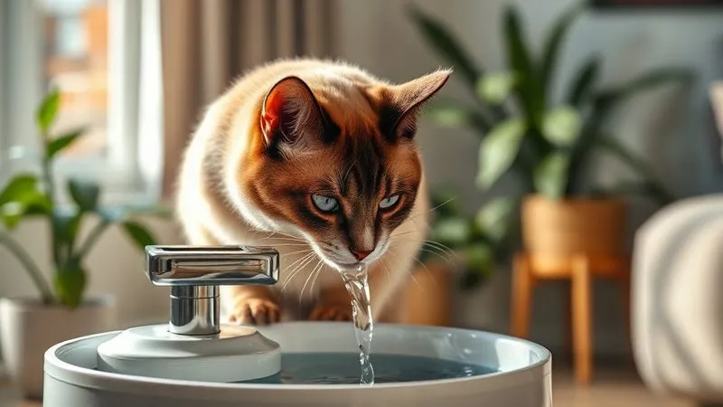 A photorealistic, professional photography of a senior cat (siamese mix) delicately drinking from a modern pet water fountain, with soft natural light illuminating the scene. The background is a cozy, minimalist living room with plants. The cat looks serene and healthy. 8K, cinematic lighting, sharp focus, depth of field, shot on a high-end DSLR. A photorealistic, professional photography of a senior cat (siamese mix) delicately drinking from a modern pet water fountain, with soft natural light illuminating the scene. The background is a cozy, minimalist living room with plants. The cat looks serene and healthy. 8K, cinematic lighting, sharp focus, depth of field, shot on a high-end DSLR.