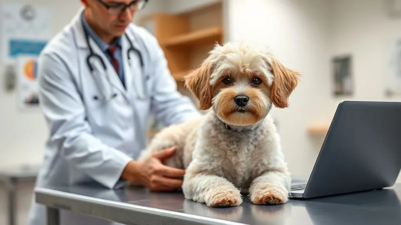 A photorealistic, professional photography of a veterinarian gently examining a senior dog, a poodle mix, on an examination table, with a laptop displaying pet health data and charts in the background. The scene is in a clean, modern vet clinic, with soft, professional lighting, emphasizing care and expertise. 8K, cinematic lighting, sharp focus, depth of field, shot on a high-end DSLR. A photorealistic, professional photography of a veterinarian gently examining a senior dog, a poodle mix, on an examination table, with a laptop displaying pet health data and charts in the background. The scene is in a clean, modern vet clinic, with soft, professional lighting, emphasizing care and expertise. 8K, cinematic lighting, sharp focus, depth of field, shot on a high-end DSLR.