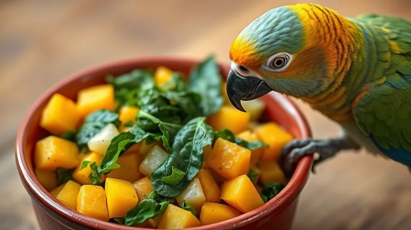 A photorealistic image of a small, vibrant bowl filled with finely diced, colorful fruits and vegetables (such as mango, papaya, cooked sweet potato, and finely chopped spinach), presented in an appealing way for a bird, with an elderly parrot cautiously approaching it. Soft, natural light, sharp focus on the food, depth of field, 8K, professional photography.