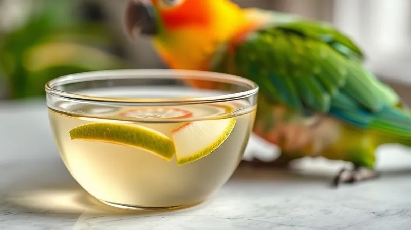 A photorealistic, professional photography shot of a small, clear glass bowl filled with a diluted, light-colored juice or herbal tea, with a few fresh fruit slices floating in it, placed next to a vibrant elderly parrot. The scene emphasizes hydration and gentle care. Cinematic lighting, sharp focus, depth of field, 8K, shot on a high-end DSLR.