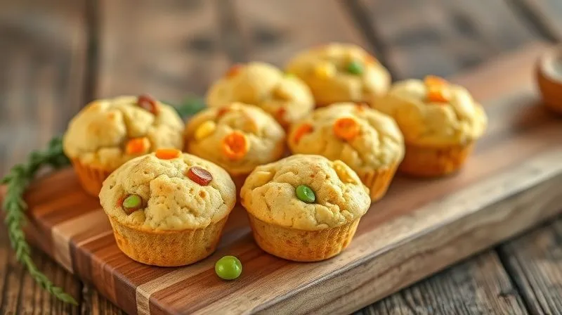 A photorealistic image of small, homemade, nutrient-dense parrot muffins or soft biscuits, made with visible bits of corn, carrots, and peas, arranged attractively on a rustic wooden board. The lighting is warm and inviting, sharp focus, depth of field, 8K, professional photography.