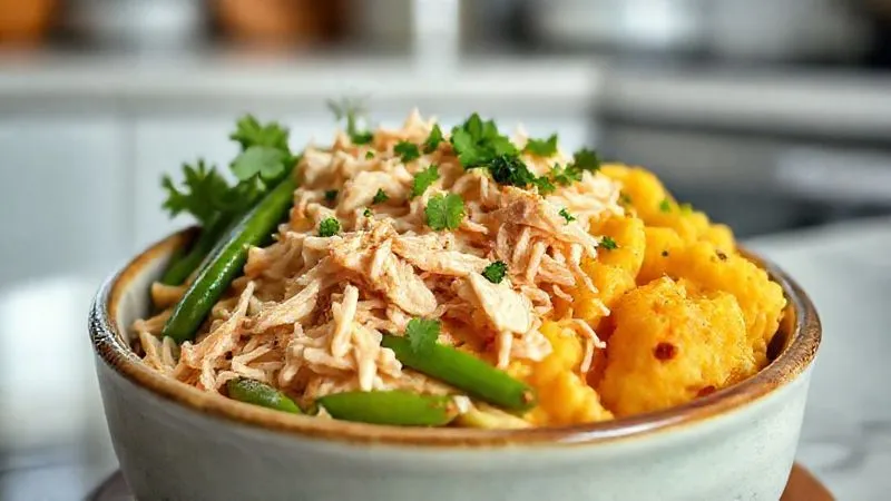 A photorealistic image of a beautifully arranged, balanced natural dog meal in a ceramic bowl. The meal consists of finely shredded cooked chicken, mashed sweet potato, steamed green beans, and a sprinkle of chopped parsley. The ingredients are vibrant and fresh, with soft, natural lighting highlighting the textures. Sharp focus on the food, with a clean, blurred background of a kitchen counter. Shot on a high-end DSLR, 8K hyper-detailed.