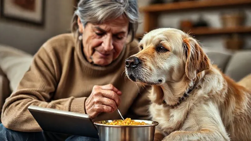 A photorealistic image of a caring dog owner gently petting their elderly dog while observing its eating habits and overall demeanor. The dog looks comfortable and content. The owner has a thoughtful expression, perhaps with a small notebook or tablet nearby for tracking. Warm, soft lighting, sharp focus on the interaction, with a cozy home background blurred. Shot on a high-end DSLR, 8K hyper-detailed.