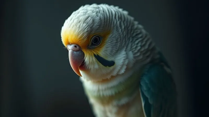 A photorealistic close-up of an elderly Budgerigar (parakeet) perched quietly, its feathers slightly ruffled, eyes half-closed, looking somewhat withdrawn. The lighting is soft and natural, emphasizing a subtle sense of discomfort or malaise. Sharp focus on the bird, with a gentle depth of field. Shot on a high-end DSLR, 8K, professional photography.