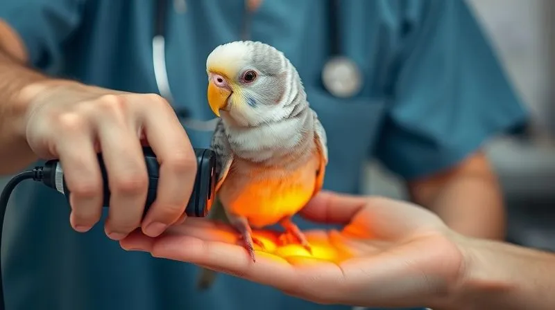 A photorealistic image of a small, elderly parrot (e.g., a Cockatiel) sitting calmly on a veterinarian's hand, while a low-level laser therapy device is gently applied to its leg joint. The lighting is focused on the therapy area, with a soft, clinical background. Sharp focus on the bird and the laser device, depth of field blurring the vet's face. Shot on a high-end DSLR, 8K, professional photography.