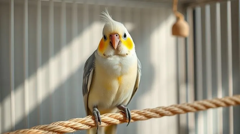 A photorealistic image of a happy, elderly Cockatiel (Pérola) perched on a comfortable, soft rope perch, looking bright-eyed and alert. Sunlight streams gently into the cage, highlighting her vibrant feathers. Depth of field subtly blurs the background of a well-maintained, adapted birdcage. Shot on a high-end DSLR, 8K, professional photography, conveying a sense of well-being.