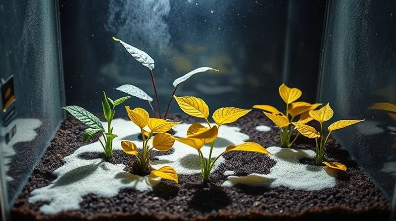 A photorealistic, professional photography, 8K, cinematic lighting, sharp focus, depth of field, shot on a high-end DSLR, a struggling closed terrarium with visible white mold on the substrate surface and yellowing leaves on the plants, casting long, dramatic shadows. The glass is slightly fogged, conveying a sense of unhealthy stagnation and decay. The overall mood is somber and problematic. A photorealistic, professional photography, 8K, cinematic lighting, sharp focus, depth of field, shot on a high-end DSLR, a struggling closed terrarium with visible white mold on the substrate surface and yellowing leaves on the plants, casting long, dramatic shadows. The glass is slightly fogged, conveying a sense of unhealthy stagnation and decay. The overall mood is somber and problematic.