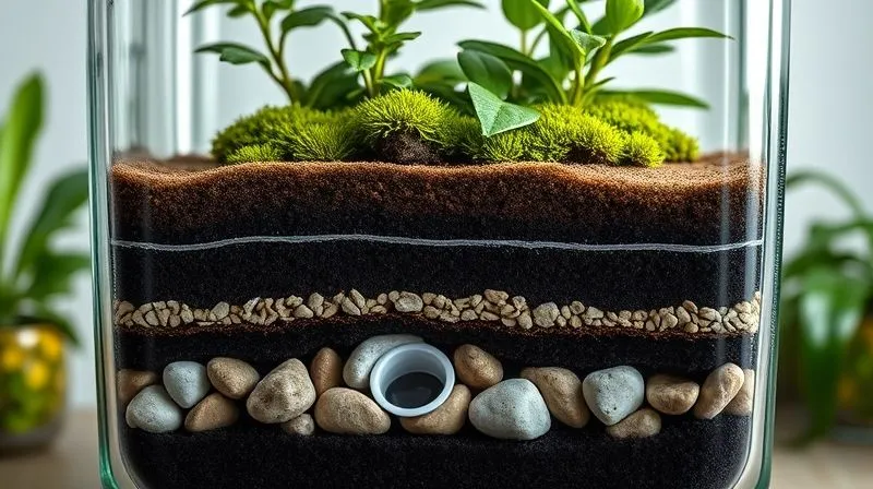 A photorealistic, professional photography, 8K, cinematic lighting, sharp focus, depth of field, shot on a high-end DSLR, a detailed cross-section of a perfectly constructed closed terrarium, showing distinct, clean layers: bottom layer of drainage stones, a thin separating mesh, a layer of activated charcoal, and a rich, dark organic substrate topped with lush green moss and small tropical plants. The layers are clearly visible and well-defined, under soft, natural light. A photorealistic, professional photography, 8K, cinematic lighting, sharp focus, depth of field, shot on a high-end DSLR, a detailed cross-section of a perfectly constructed closed terrarium, showing distinct, clean layers: bottom layer of drainage stones, a thin separating mesh, a layer of activated charcoal, and a rich, dark organic substrate topped with lush green moss and small tropical plants. The layers are clearly visible and well-defined, under soft, natural light.