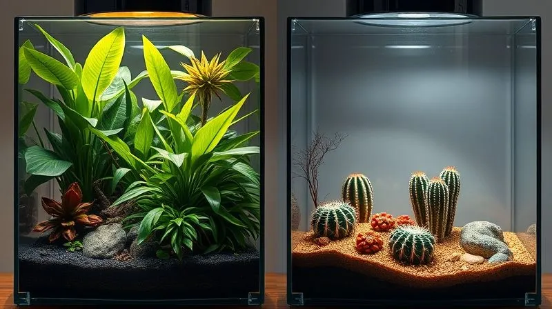 A photorealistic, professional photography, 8K, cinematic lighting, sharp focus, depth of field, shot on a high-end DSLR, two distinct closed terrariums side-by-side: one a lush, vibrant tropical ecosystem with dense foliage and high humidity, and the other a sparse, arid desert landscape with a small cactus and succulents. The lighting differentiates the environments, highlighting the wetness of the tropical and the dryness of the desert. The image conveys the diversity of terrarium biomes. A photorealistic, professional photography, 8K, cinematic lighting, sharp focus, depth of field, shot on a high-end DSLR, two distinct closed terrariums side-by-side: one a lush, vibrant tropical ecosystem with dense foliage and high humidity, and the other a sparse, arid desert landscape with a small cactus and succulents. The lighting differentiates the environments, highlighting the wetness of the tropical and the dryness of the desert. The image conveys the diversity of terrarium biomes.