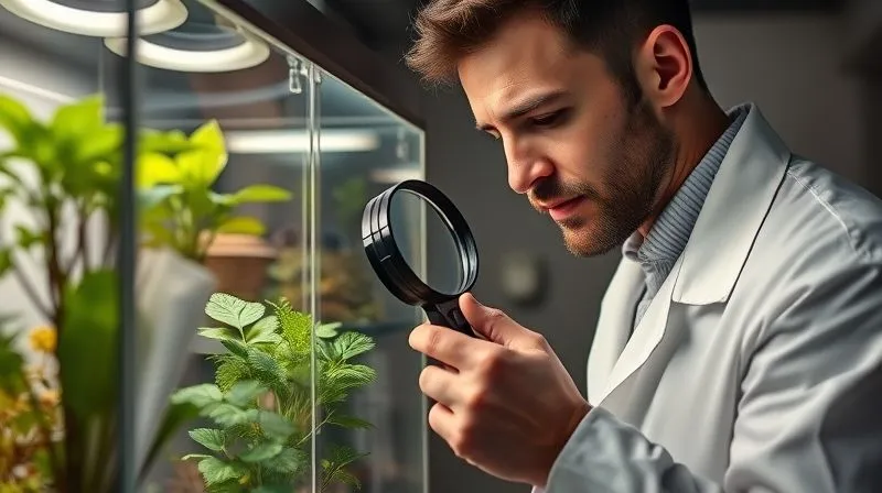 A photorealistic, professional photography, 8K, cinematic lighting, sharp focus, depth of field, shot on a high-end DSLR, a skilled botanist or terrarium expert, wearing a lab coat, gently inspecting a thriving closed terrarium with a magnifying glass. The terrarium is bathed in soft, balanced light, highlighting the healthy plants and clear glass. The expert's expression is focused and knowledgeable, conveying a sense of scientific precision and care. A photorealistic, professional photography, 8K, cinematic lighting, sharp focus, depth of field, shot on a high-end DSLR, a skilled botanist or terrarium expert, wearing a lab coat, gently inspecting a thriving closed terrarium with a magnifying glass. The terrarium is bathed in soft, balanced light, highlighting the healthy plants and clear glass. The expert's expression is focused and knowledgeable, conveying a sense of scientific precision and care.