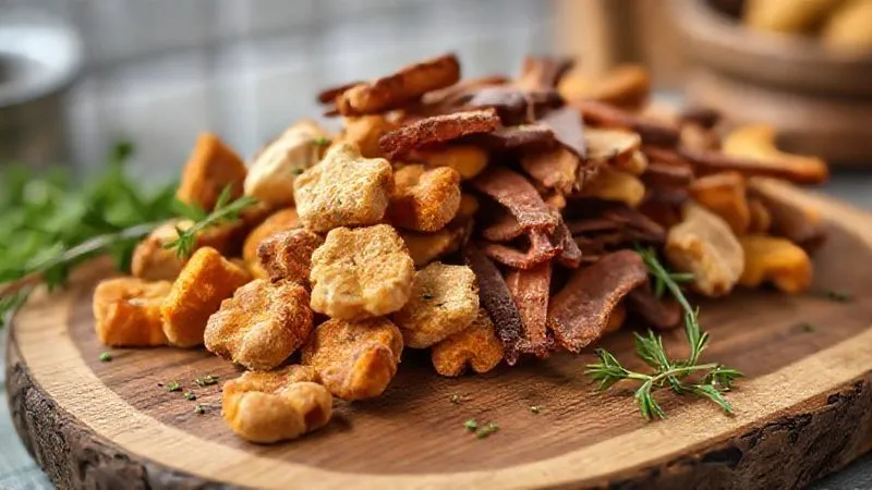 A photorealistic, professional photography shot of a small, rustic wooden board filled with various homemade dog treats. Some are small, round chicken and pumpkin bites, others are thin strips of dehydrated beef liver. The treats look wholesome and appetizing, with fresh herbs scattered around. 8K, cinematic lighting, sharp focus on the treats, depth of field blurring a kitchen background, shot on a high-end DSLR.