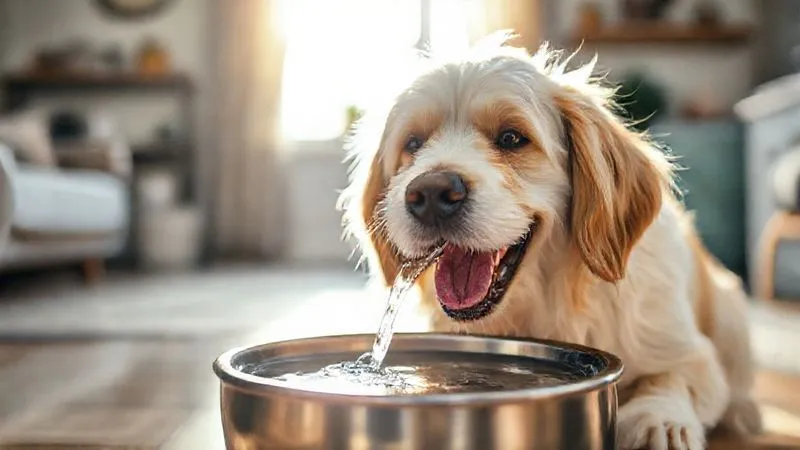 A photorealistic, professional photography shot of a senior dog happily drinking water from a clean bowl, with gentle sunlight highlighting its fur. The scene conveys hydration and well-being. 8K, cinematic lighting, sharp focus on the dog, depth of field blurring a serene home environment, shot on a high-end DSLR.