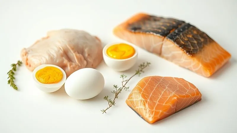 A photorealistic image of various lean protein sources suitable for dogs – cooked chicken breast, boiled eggs, and a piece of cooked salmon – artfully arranged on a clean, simple background. The ingredients are fresh and appealing, with soft, natural lighting, sharp focus, and a shallow depth of field. 8K hyper-detailed, professional photography, shot on a high-end DSLR. A photorealistic image of various lean protein sources suitable for dogs – cooked chicken breast, boiled eggs, and a piece of cooked salmon – artfully arranged on a clean, simple background. The ingredients are fresh and appealing, with soft, natural lighting, sharp focus, and a shallow depth of field. 8K hyper-detailed, professional photography, shot on a high-end DSLR.
