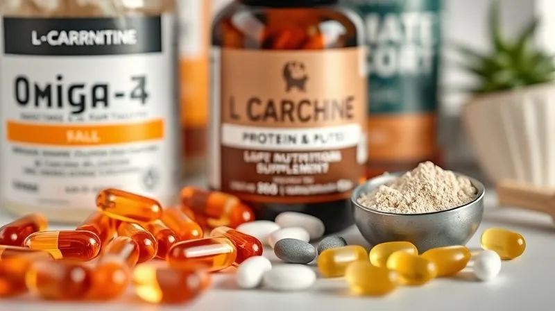 A photorealistic, professional photography close-up image of various nutritional supplements for pets, such as omega-3 capsules, a bottle of L-Carnitine, and a small scoop of protein powder, arranged neatly. The focus is sharp on the supplements, with soft, diffused lighting and a shallow depth of field, emphasizing careful and precise use. 8K hyper-detailed, shot on a high-end DSLR. A photorealistic, professional photography close-up image of various nutritional supplements for pets, such as omega-3 capsules, a bottle of L-Carnitine, and a small scoop of protein powder, arranged neatly. The focus is sharp on the supplements, with soft, diffused lighting and a shallow depth of field, emphasizing careful and precise use. 8K hyper-detailed, shot on a high-end DSLR.