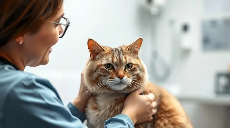 A photorealistic image of a veterinarian examining an older, slightly overweight cat, with a gentle and caring expression. The clinic setting is clean and professional, with soft, natural lighting. 8K hyper-detailed, professional photography, shot on a high-end DSLR.