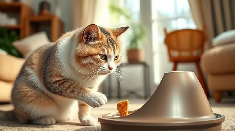 A photorealistic image of an elderly cat gently playing with a puzzle feeder toy, focused on getting a treat. The setting is a cozy, sunlit living room. The cat looks engaged and happy. 8K hyper-detailed, professional photography, shot on a high-end DSLR.