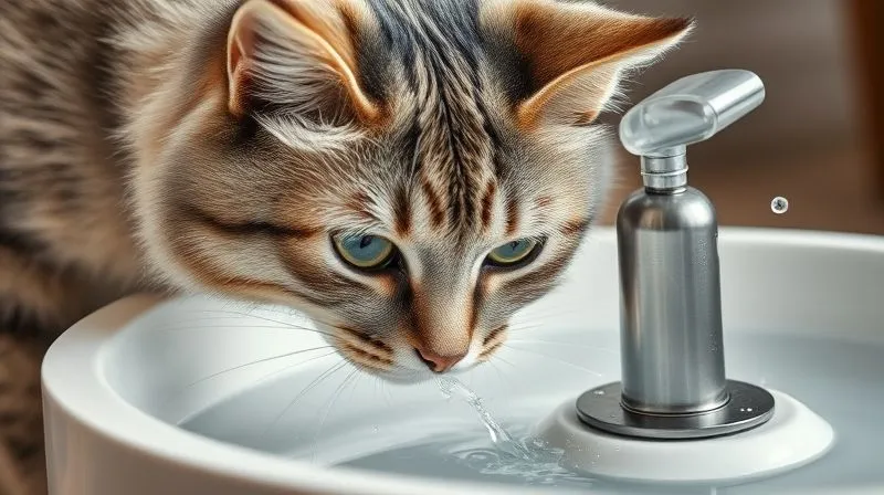 A photorealistic close-up of an elderly cat drinking water from a clean, modern pet fountain, with water droplets sparkling. Soft, inviting lighting, sharp focus on the cat's face and the water. 8K hyper-detailed, professional photography, shot on a high-end DSLR.