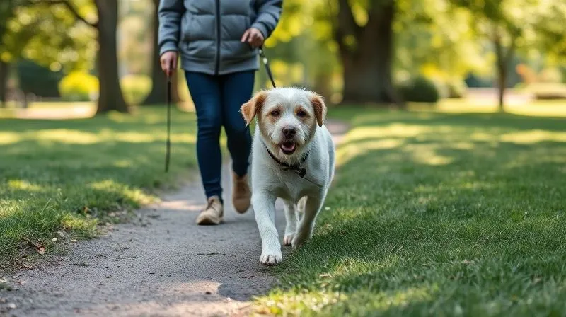 photorealistic, professional photography, 8K, cinematic lighting, sharp focus, depth of field, shot on a high-end DSLR. A gentle, heartwarming scene of a senior dog walking slowly but steadily on a soft grassy path in a park, accompanied by its loving owner. The dog looks engaged and content, with sunlight filtering through trees, suggesting a peaceful yet active routine. Focus on the dog's improved posture and gentle movement. photorealistic, professional photography, 8K, cinematic lighting, sharp focus, depth of field, shot on a high-end DSLR. A gentle, heartwarming scene of a senior dog walking slowly but steadily on a soft grassy path in a park, accompanied by its loving owner. The dog looks engaged and content, with sunlight filtering through trees, suggesting a peaceful yet active routine. Focus on the dog's improved posture and gentle movement.