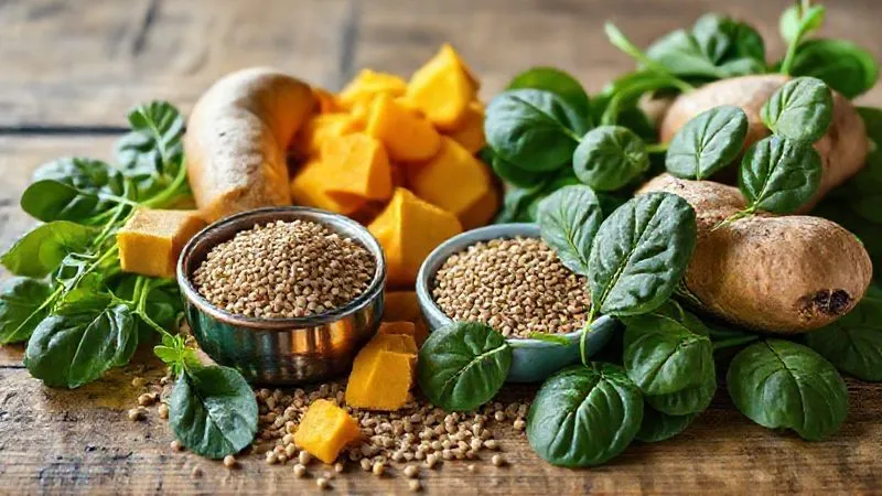 Photorealistic, professional photography, 8K, cinematic lighting, sharp focus, depth of field, shot on a high-end DSLR. A vibrant, artfully arranged still life of natural, wholesome dog food ingredients known for aiding digestion: cooked pumpkin puree, sweet potato chunks, a small bowl of ground flaxseed, and fresh spinach leaves, all bathed in soft, natural light on a rustic wooden table. The composition should feel fresh and inviting, emphasizing healthy choices. Photorealistic, professional photography, 8K, cinematic lighting, sharp focus, depth of field, shot on a high-end DSLR. A vibrant, artfully arranged still life of natural, wholesome dog food ingredients known for aiding digestion: cooked pumpkin puree, sweet potato chunks, a small bowl of ground flaxseed, and fresh spinach leaves, all bathed in soft, natural light on a rustic wooden table. The composition should feel fresh and inviting, emphasizing healthy choices.