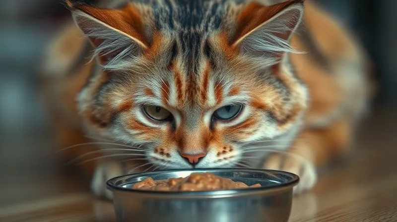 A photorealistic close-up of an elderly cat looking dejected and uncomfortable near a small, untouched bowl of a puréed food. The cat's fur is slightly disheveled, and its eyes show a hint of distress. Cinematic lighting, sharp focus on the cat's face, depth of field blurring the background, 8K, professional photography, shot on a high-end DSLR. A photorealistic close-up of an elderly cat looking dejected and uncomfortable near a small, untouched bowl of a puréed food. The cat's fur is slightly disheveled, and its eyes show a hint of distress. Cinematic lighting, sharp focus on the cat's face, depth of field blurring the background, 8K, professional photography, shot on a high-end DSLR.