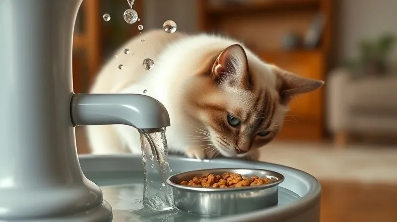 A photorealistic image of an elderly cat (a Siamese or similar elegant breed) gracefully drinking from a pristine, bubbling pet water fountain, with a small, inviting bowl of high-quality wet senior cat food placed neatly beside it. The background is a warm, cozy home interior. Cinematic lighting, sharp focus on the cat and water, depth of field, 8K, professional photography, shot on a high-end DSLR. A photorealistic image of an elderly cat (a Siamese or similar elegant breed) gracefully drinking from a pristine, bubbling pet water fountain, with a small, inviting bowl of high-quality wet senior cat food placed neatly beside it. The background is a warm, cozy home interior. Cinematic lighting, sharp focus on the cat and water, depth of field, 8K, professional photography, shot on a high-end DSLR.