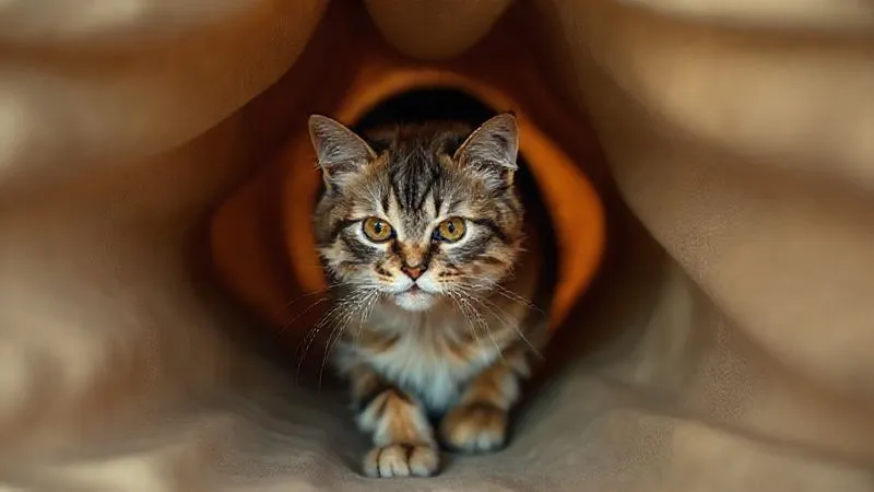 A photorealistic image of an elderly cat confidently navigating a fabric tunnel, looking secure and content, with soft, warm lighting highlighting its fur. Professional photography, 8K, cinematic lighting, sharp focus, depth of field, shot on a high-end DSLR.