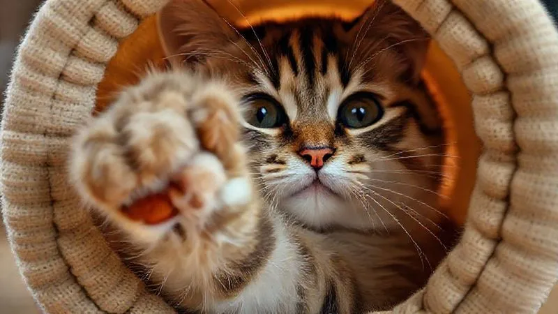 A photorealistic close-up of an elderly cat's paw reaching into a soft fabric tube, attempting to bat at a hidden toy. The cat's eyes show focus and engagement. Professional photography, 8K, cinematic lighting, sharp focus, depth of field, shot on a high-end DSLR.