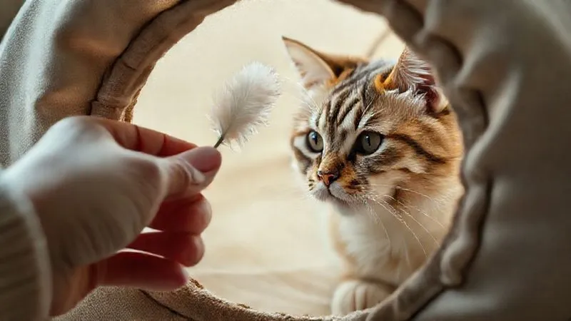 A photorealistic image of a gentle human hand holding a soft feather wand at the entrance of a small fabric tube, enticing an elderly cat to interact. The cat's face is partially visible, showing curiosity. Professional photography, 8K, cinematic lighting, sharp focus on the interaction, depth of field, shot on a high-end DSLR.